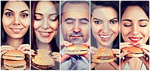 Group of happy people eating cheeseburgers