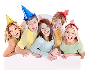 Group of happy people holding banner.