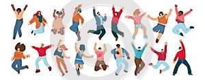 Group of happy people jumping on a white background. Young joyful jumping and dancing multiracial people with raised