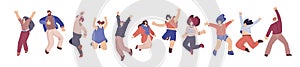 Group of happy people jumping on a white background. Young joyful jumping and dancing people with raised hands