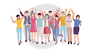 Group of happy people raising hand celebrating success in flat icon design