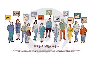 Group happy people and sign like isolate on white