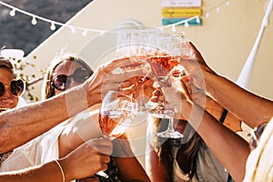 Group of happy people toasting  together with cups of red wine under the sun light in a sunny day - outdoor leisure activity for