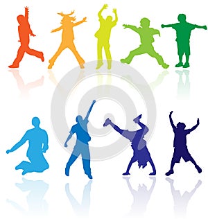 Group of happy school active children silhouette jumping dancing playing running healthy kids child kid kinder action youth play