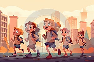 group of happy school children are running with backpacks. Back to school. Generative AI