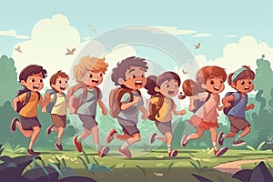 group of happy school children are running with backpacks in nature. Back to school. Generative AI