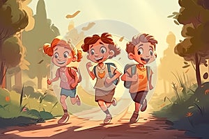 group of happy school children are running with backpacks in nature. Back to school. Generative AI