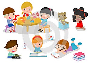 Group of happy school kids in classroom,children`s activity in the kindergarten, reading books, playing, education,Vector