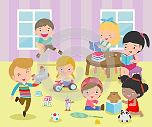 Group of happy school kids in classroom,children`s activity in the kindergarten, reading books, playing, education,Vector