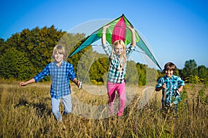 Group of happy and smiling kids playingin with kite outdoor