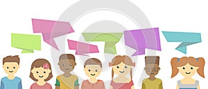 Group of happy smiling kids speaking together. Girls and boys with speech bubbles in different languages map