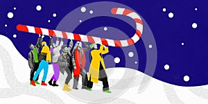 Group of happy smiling people, friends walking on snow and carrying giant candy. Contemporary art collage. Poster