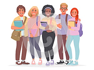 Group of happy students. Guys and girls, a bunch of college friends. Young cheerful people with books in their hands
