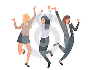 Group of happy women jumping for joy vector illustration. Business women celebrating victory.