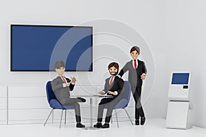 Group of happy young businessmen and businesswoman relaxing meeting talking working in office, 3D rendering