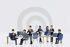 Group of happy young businessmen and businesswoman relaxing meeting talking working in office, 3D rendering