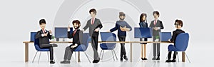 Group of happy young businessmen and businesswoman relaxing meeting talking working in office, 3D rendering