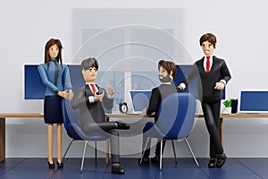 Group of happy young businessmen and businesswoman relaxing meeting talking working in office, 3D rendering