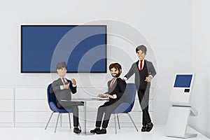 Group of happy young businessmen and businesswoman relaxing meeting talking working in office, 3D rendering