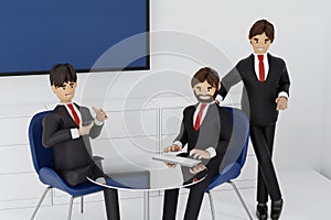 Group of happy young businessmen and businesswoman relaxing meeting talking working in office, 3D rendering