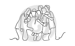 Group of happy young friends making selfie - one line drawing. Continuous one line drawing of group people selfie. Man and women