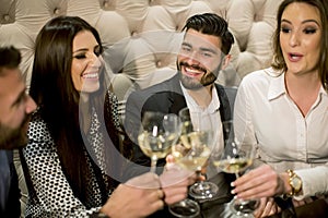 Group of young people celebrating and toasting with white wine