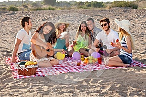 Group of happy young people having a picnic on the beach