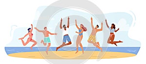 Group of Happy Young People in Swim Wear Jumping with Hands Up, Summer Vacation, Beach Party Celebration, Fun