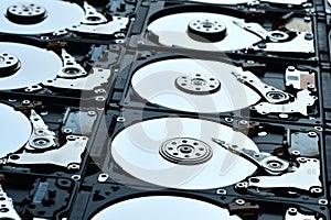 Group of hard disk drives. Many Open Hard drives. Close-up of the inside of PC hard drives. Technology background