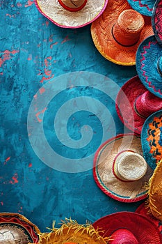 Group of Hats on Blue Surface