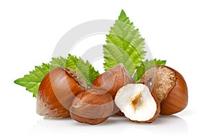 Group of hazelnuts with green leaves isolated