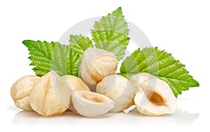 Group of hazelnuts with green leaves isolated