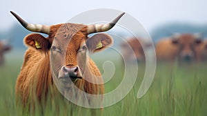 A group of a herd of cows standing in the grass, AI