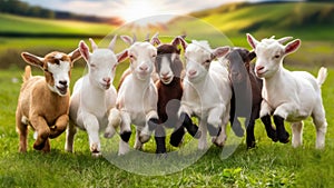 A group of a herd of goats running in the grass, AI
