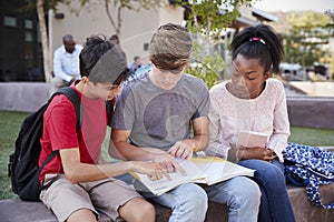 Group Of High School Students Studying Outdoors During Recess photo