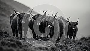 Group of Highland Cattle on Hillside in Black and White