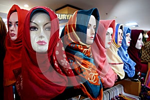 Group of hijab on mannequin