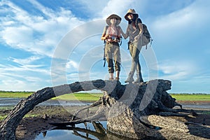 Group Hiker team woman helping her friend climb up timber