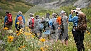 A group of hikers pausing to observe a butterfly resting on a flower a reminder of the delicate balance maintained by