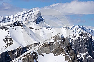 Group of hikers on top of snowy mountain peak in Canadian Rockies