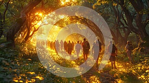 Group of Hikers Trekking Through Misty Forest at Sunrise