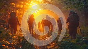 Group of Hikers Trekking Through Misty Forest at Sunrise