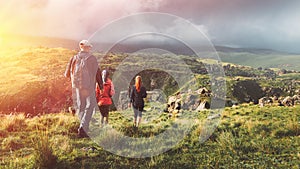 Group Of Hikers Walking Along The Green Hills, Rear View. Travel