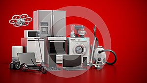 Group of home appliances and consumer electronics standing on red background. 3D illustration