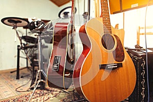 Group home rehearsal room with guitars