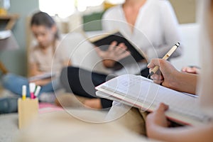 Group of homeschooling children with teacher studying indoors, coronavirus concept. photo