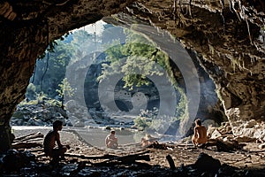 A group of Homo sapiens sitting near a river photo