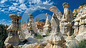 A group of hoodoos towering spires of rock formed by the gradual erosion of softer layers of sedimentary rock.