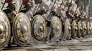 A group of Hoplites march in perfect unison their spears held high and their shields tightly locked together. Their