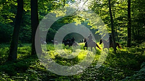Group horseback riding in sunlit forest